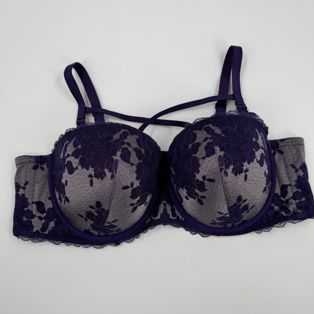 Torrid Curve 48C Purple Lace Balconette‎ Bra Strappy Crisscross Back Support
